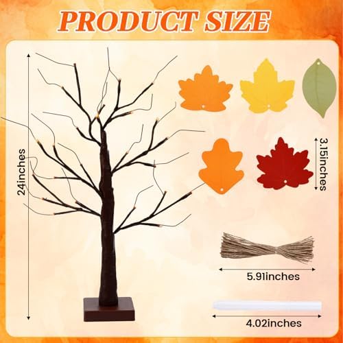 Briwooody 24'' Lighted Thanksgiving Gratitude Tree Kit, Brown Thanful Tree with 60 Leaves, Hemp Ropes & Pens, DIY Fall Decoration for Autumn Table Centerpiece Thanksgiving Gift (Battery Not Included) - Image 2