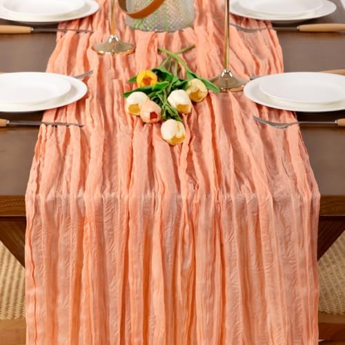 Peach Cheesecloth Table Runner Boho Wrinkled Gauze Table Runners - Image 2