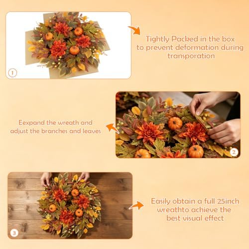 Fall Wreath for Front Door, 25inch Autumn Door Wreath with Pumpkin, Dahlia, Berries, Eucalyptus Leaves for Indoor Outdoor Wall Window Thanksgiving Harvest Festival - Image 4