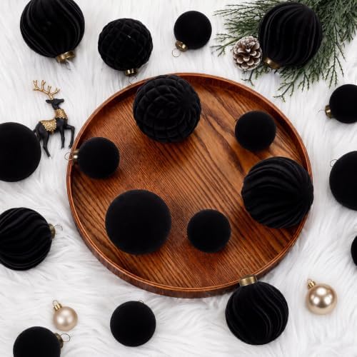 XmasExp 36PCS Velvet Christmas Ornaments Set Mixed Flocked Balls Ornaments Shatterproof Christmas Tree Decorations for Holiday,Party,Home（Black） - Image 4