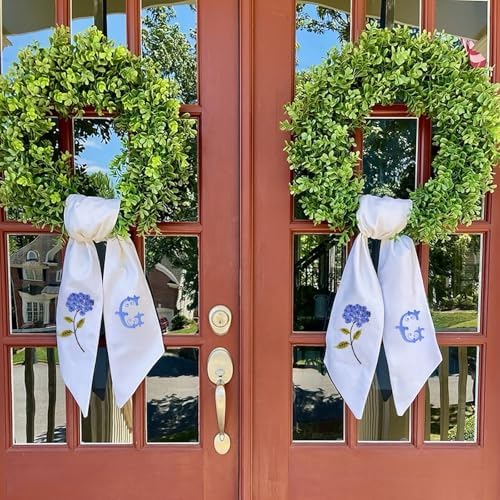 Boxwood Wreath for Front Door Spring Summer Wreaths for Farmhouse,Last Name initialYear Round Porch Decor,20 inch Geen Wreath with Personalized Monogram sash Embroidered Hydrangea and Letter - (G) - Image 6