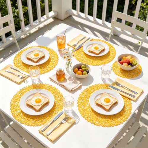 IcosaMro Round Woven Placemats Set of 12 for Dining Table, 15 Inches Paper Boho Decorative Circle Place Mats for Wedding Christmas Thanksgiving Day Holiday Dinner (Yellow) - Image 4