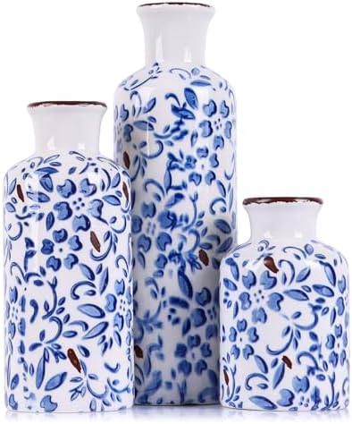 Chinoiserie Decor Ceramic Vases Set - 3 Blue and White Vase, Chinoiserie Vase Farmhouse Country, Flower Vases Home Decor, Living Room Decoration, Entrance, Fireplace, Table Decoration, Centerpieces by QIANLING