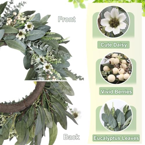 26 Inches Large Eucalyptus Spring Wreaths for Front Door,Artificial Greenery Summer Wreath with Berries White Flower Daisy,Easter Valentines Farmhouse Porch Wall Home Indoor Outdoor Décor - Image 2