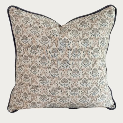 Palm & Loom 100% Cotton Linen Cushion Cover - Aira Decorative Throw Pillow Case with Slate Blue & Peach with piping - Modern Traditional Living Room, Bedroom Pillow Cover (Ziya, 20" x 20" (Pack of 1)) by PalmLoom