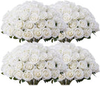 100 PCS Fake White Roses, Artificial Flowers Bulk, Silk Faux Ivory Roses by Jefuzh