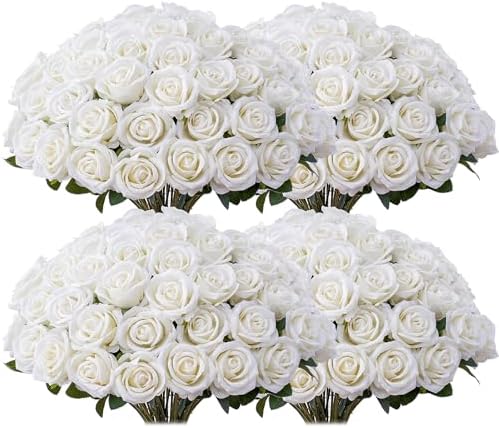 100 PCS Fake White Roses, Artificial Flowers Bulk, Silk Faux Ivory Roses by Jefuzh