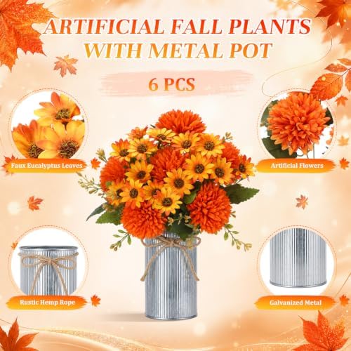Zeyune 6 Sets Fall Thanksgiving Table Centerpiece Decoration Harvest Artificial Flower Daisy Mums with Metal Pot for Autumn Rustic Farmhouse Home Kitchen Dining Indoor Decoration - Image 5