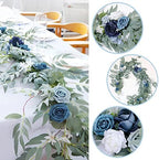 Emivery Artificial Dusty Blue Rose Garland Greenery Eucalyptus Willow Garland with Flowers Sweetheart Table Centerpieces Party Wedding Ceremony Backdrop Arch Floral Arrangement 6FT - Image 2