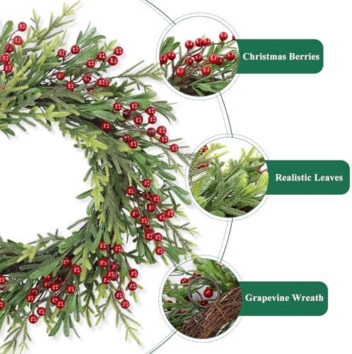 SHACOS Artificial Christmas Wreath 20" Winter Wreaths Pine Red Berries Xmas Holly Berry Decoration for Front Door Window Party Holiday, Red Green - Image 5