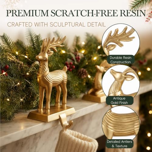 TwoDays 2-Pack Reindeer Christmas Stocking Holders for Mantle - Vintage Gold Resin Deer with Safety Adhesives, Deer Hooks Statues for Xmas Fireplace Decor - Image 6