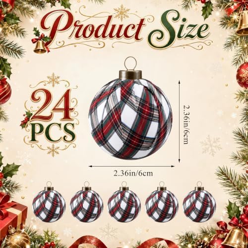 Hollowfly 24 Pcs 2.36 Inch Christmas Tartan Plaid Ball Ornaments Vintage Large Buffalo Plaid Balls Christmas Tree Hanging Ornament Rustic Ball Pendant Hanging Decor for Xmas Tree Party(Beige) - Image 2