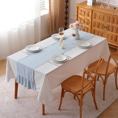 Light Blue White Plaid Gingham Ruffle Table Runner Cabinet Cover 13"x120" - Image 2