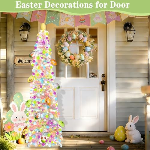 Timer - Easter Decorations, 5Ft Lighted Easter Tree with 50 LED Warm White Lights 12 Colorful Eggs Ornaments Battery Operated Easter Egg Tree Pop Up Tinsel Collapsible Tree for Home Porch Office Party - Image 6