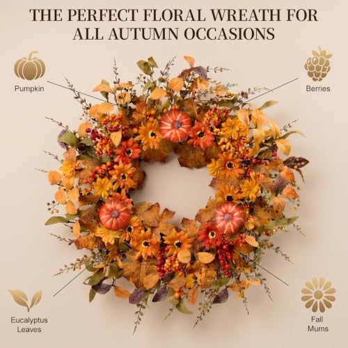 Artificial Fall Wreath 22 Inch Fall Wreaths for Front Door with Orange Pumpkins Berries Daisies Eucalyptus Leaves Autumn Door Wreaths for Thanksgiving Harvest Festival Wall Porch Farmhouse - Image 3
