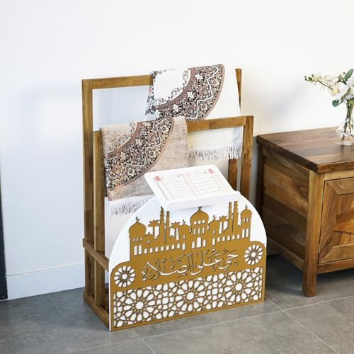 Elegant Wooden Quran Stand & Prayer Mat Holder – Islamic Home Décor, Prayer Rug Organizer, Ramadan & Eid Gift, Decorative Wooden Islamic Accessories, Quran Display Holder for Mosque & Home White-Gold by iwaconcept