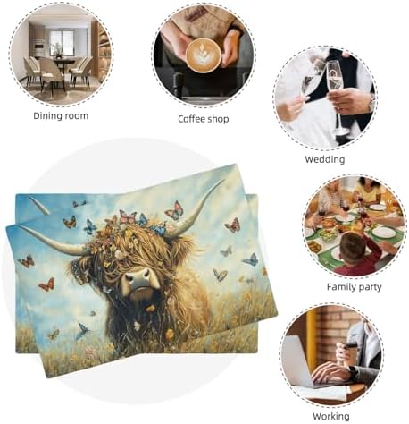 Farmhouse Highland Cow Placemats Set of 6 Rustic Animal Table Mats Farm Butterfly Place Mats Decor Imitation Linen Heat Resistant Tablecloth for Dining Decoration Kitchen Party Restaurants 12''x18'' - Image 7