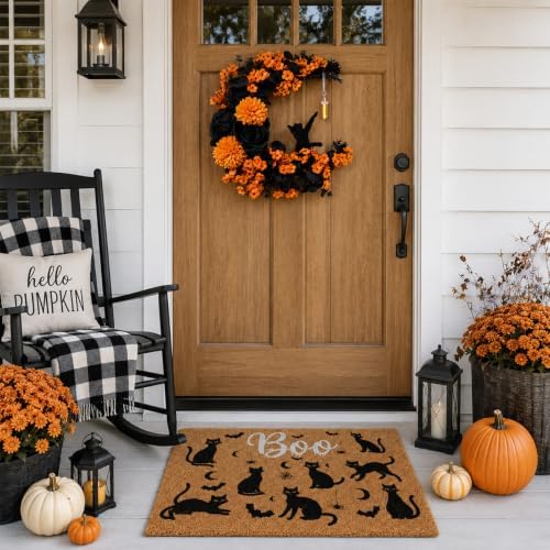 Thiccywoov 2 Pcs Halloween Black Cat Doormat and Wreath Sets for Front Door - Image 6