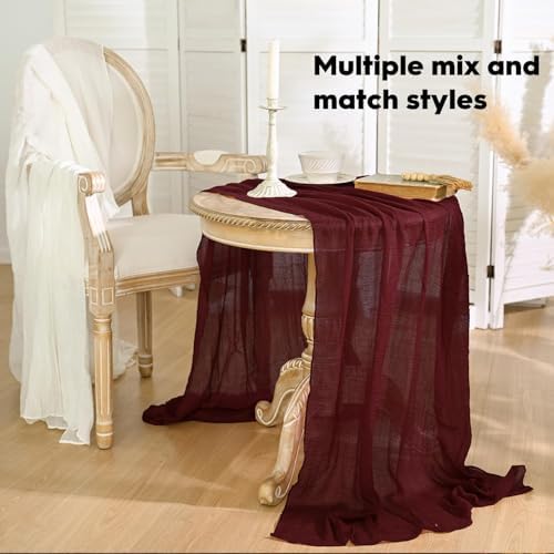 Artoid Mode 6PC Boho Cheesecloth Gauze Burgundy Wedding Table Runner, 120 Inch Seasonal Fabric Kitchen Dining Holiday Table Decor for Home Party Indoor - Image 4