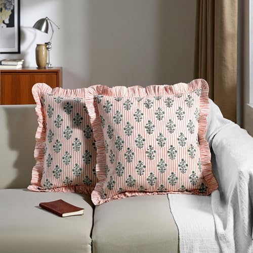 Ridhi Salmon Blossom Floral Block Print Throw Pillow Covers 24x24 Inch - Image 4