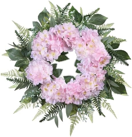 26 Inch Hydrangea Summer Wreaths for Front Door, Pink Hydrangea Wreath by Unknown