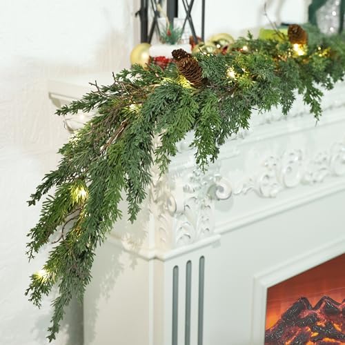 6ft Realistic Christmas Garland with LED Lights Artificial Cedar Cypress Garland with Pine Cones Garland for Home Fireplace Wall Indoor Outdoor Holiday Party Decoration-8 Lighting Modes by MDSTBN