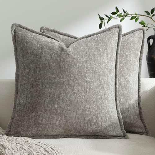 DEZENE Pack of 2 Light Gray Euro Shams Pillow Covers 26x26 Cozy Soft Chenille Decorative Throw Pillow Covers Accent Vintage Square Couch Pillow Covers for Home Decor Bed Sofa Living Room by DEZENE