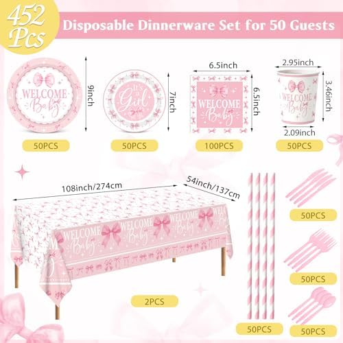 Ceenna 452 Pcs 50 Guests Pink Bow Baby Shower Decoration Girl, Pink Bow Welcome Baby Shower Plate Napkin Cup Tablecloth Cutlery Straw It's a Girl Disposable Tableware for Gender Reveal Party Supply - Image 3