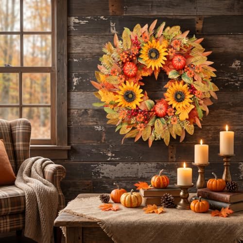 Artificial Fall Wreath 24 Inch Fall Wreaths for Front Door - Image 2