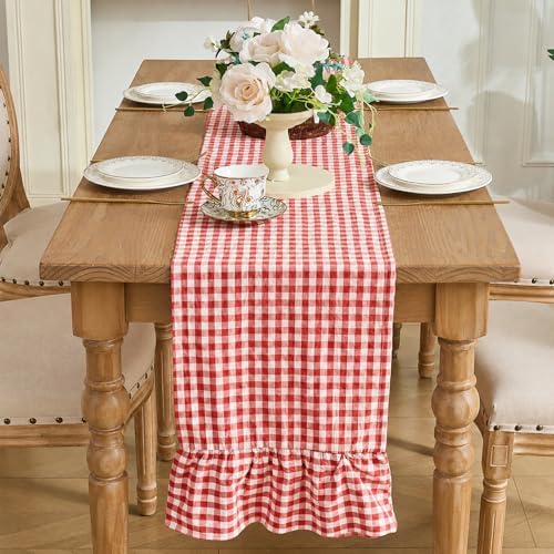 Red Gingham Plaid Ruffle Table Runner 90 Inches Long, 100% Washed Cotton Double Layer Farmhouse Dining Decor for Holiday, Home Party Wedding, 13 x 90 inches - Image 3