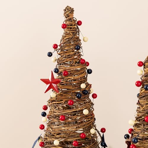 Glitzhome Set of 2 Patriotic Table Tree 4 of July Tabletop Centerpiece Artificial Rattan Stars& Berry Cone Table Tree Decoration for Memorial Day Home Office Table Shelf - Image 4