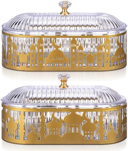 2 Pcs Ramadan Trays with Lid Metal Gold Eid Mubarak Plates Ramadan Moon Candy Dish Table Decorations Food Serving Tray Islam Muslim Al-Fitr Cookie Storage Container for Eid Party Supplies by Perthlin