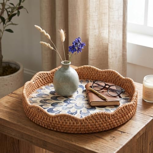 12 Inch Round Rattan Tray Mother of Pearl Inlay, Feather Style - Image 4