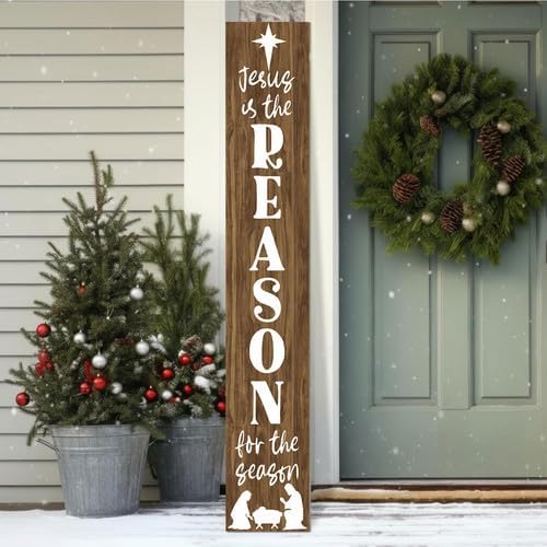 SRongmao Jesus Is The Reason For The Season Porch Sign Christmas Front Door Hanging Decorations 8x63inch Vertical Wooden Indoor Outdoor Standing Signs For Home Yard Farmhouse Holiday Decor - Image 3