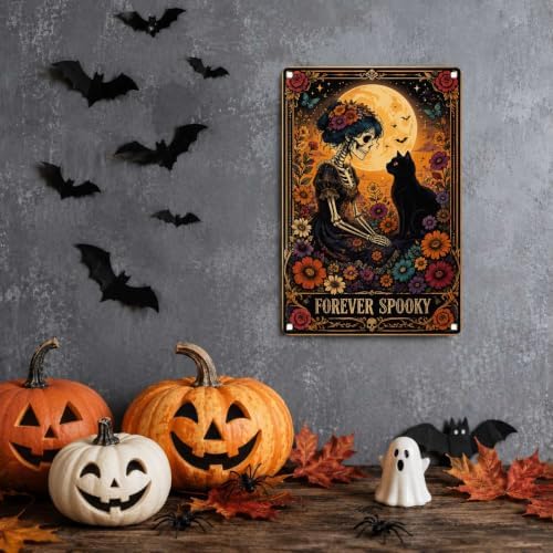 Vintage Metal Tin Sign Halloween Skeleton Woman Black Cat Flower Garden Gothic Wall Art for Home 8×12 Inches with Metal Frame - Image 2