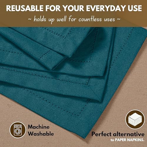 Native Fab Set of 12 Cloth Napkins Hemstitch Corners, 100% Cotton, 18x18 inch, Soft, Absorbent, Reusable, Easy Care, Restaurant Hotel Quality - Wedding, Events, Lunch, Dinner Napkins - Teal Green - Image 6