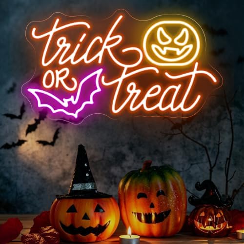 Trick or Treat Neon Sign, Pumpkin Bat Halloween Wall Light 16.5x9.4 Inch by Unknown