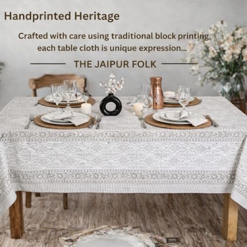 Floral Rectangle Table cloth | 100% Cotton Hand Block Printed Thanksgiving Spring Table Cover| Dust Proof Wrinkle Resistant, for Dining , Kitchen, Festive, Parties, Weddings (Grey White, 72x108 inch) - Image 3