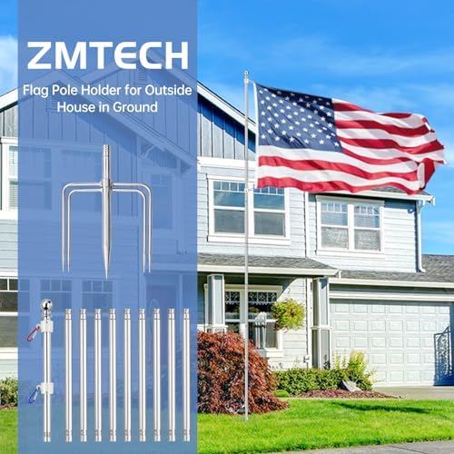 ZMTECH 10 FT Flag Pole in Ground, Heavy Duty Flag Pole Holder for Outside House with 5 Pronges Base, Extra Thick Flag Pole Kit for Yard Outdoor Garden Decor Residential Commerical Silver - Image 7