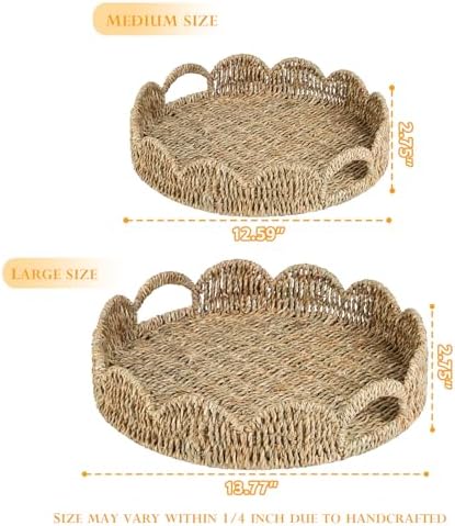 Scalloped Serving Tray, 13.8" Woven Round Table Decor Tray, Wicker Rattan Basket with Handles, Natural Seagrass Tray for Room Decor, Set of 2 - Image 2