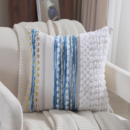 Boho Throw pillow covers 18x18 set of 2 farmhouse decorative Couch pillow covers neutral Accent throw pillows covers striped outdoor cushion covers square textured chenille pillow cases for sofa bed - Image 3