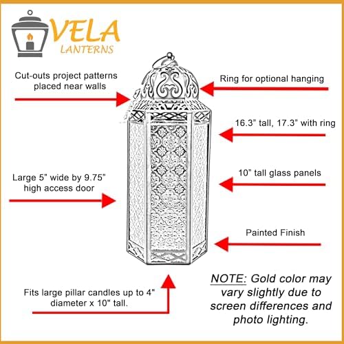VELA LANTERNS 16" Extra Large Large Gold Metal Decorative Floor Moroccan Lantern Candle Holder Lamp - Indoor/Outdoor, Home Decor, Patio, Weddings, Ramadan Decor - Image 6