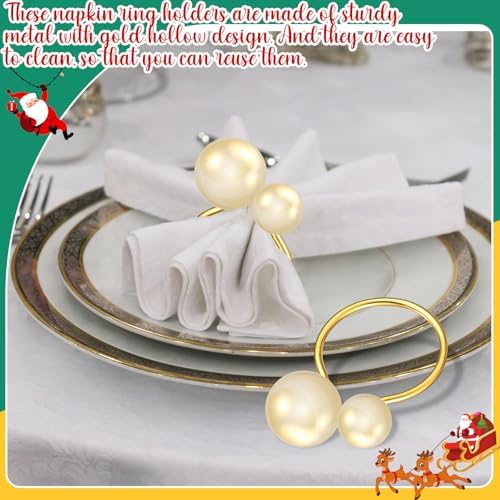 Sliner 48 Pcs Pearl Napkin Rings, Gold Table Napkin Holder Buckles for Dinning Table Setting Christmas Wedding Party Supplies - Image 7