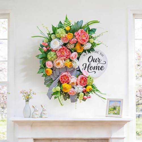 Spring Summer Wreaths for Front Door 24 Inch, Half Moon Wreath with Peony, Rose & Dalia, Outdoor Spring Wreaths for Front Door Outside, Summer Wreath for Front Door Farmhouse Welcome Sign Door Decor - Image 3
