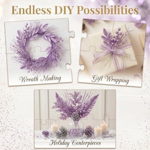 Light Purple 66 Pcs Christmas Glitter Picks and Sprays, Xmas Artificial Floral Stems Branches Berry Leaf Pine for Tree Topper Wreath Garland Centerpiece Holiday Party Home Decor - Image 4
