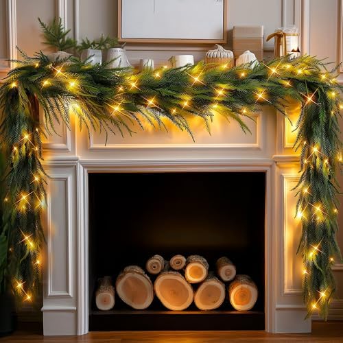 TW SHINE 9FT Pre-Lit Christmas Garland with Lights, 50 LED Lighted Artificial Norfolk Pine Garlands, Christmas Decorations for Indoor Outdoor Mantle Stairs Fireplace Decor, Warm White by TWSHINE