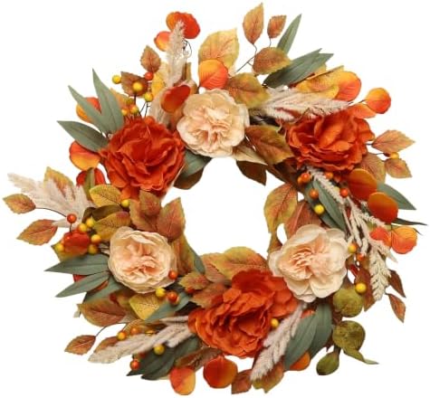 24 Inch Fall Wreath for Front Door, Autumn Harvest Wreaths with Yellow Leaves, Peony, Artificial Wreath for Indoor Outdoor Porch Thanksgiving Home Farmhouse Decorations by LittleGlee