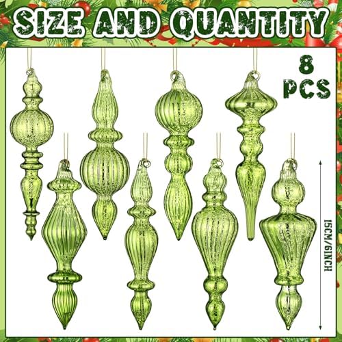 Mifoci 8 Pcs 6 Inch Mercury Glass Finial Christmas Ornaments,Fresh Green - Image 3