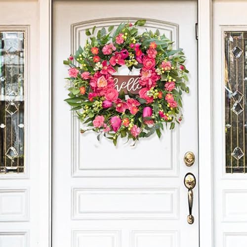 Spring Wreaths for Front Door 24 Inch with Hello Sign,Artificial Summer Wreath with Pink Peony and Orchid,Indoor and Outdoor Wreath for Farmhouse Wall Home Porch Decor - Image 2