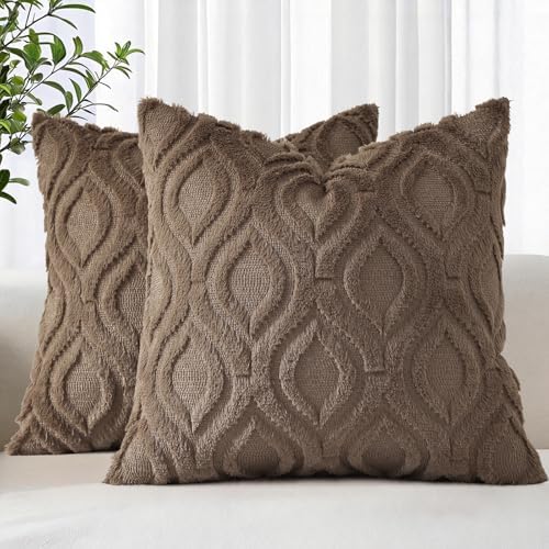 decorUhome Faux Fur Plush Soft Brown Throw Pillow Covers 26x26 Set of 2 by decorUhome